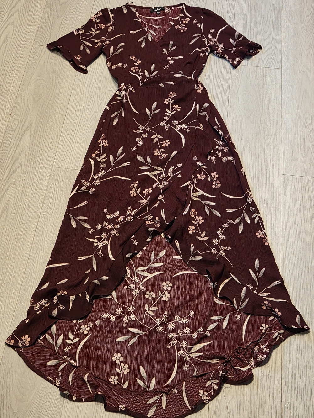 Lulu's Maroon Floral High-Low Wrap Dress